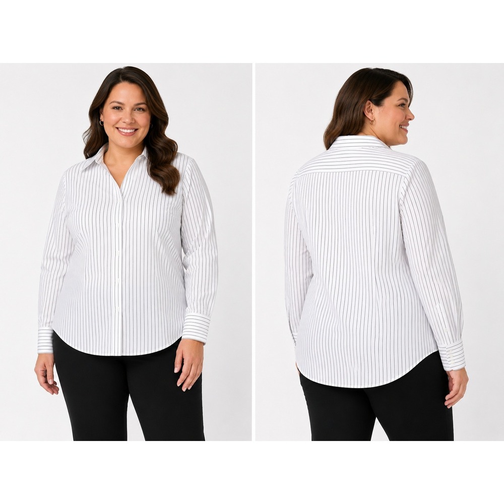 Jones New York Collection Pinstripe Non-Iron Cotton Blouse White Black Size 16